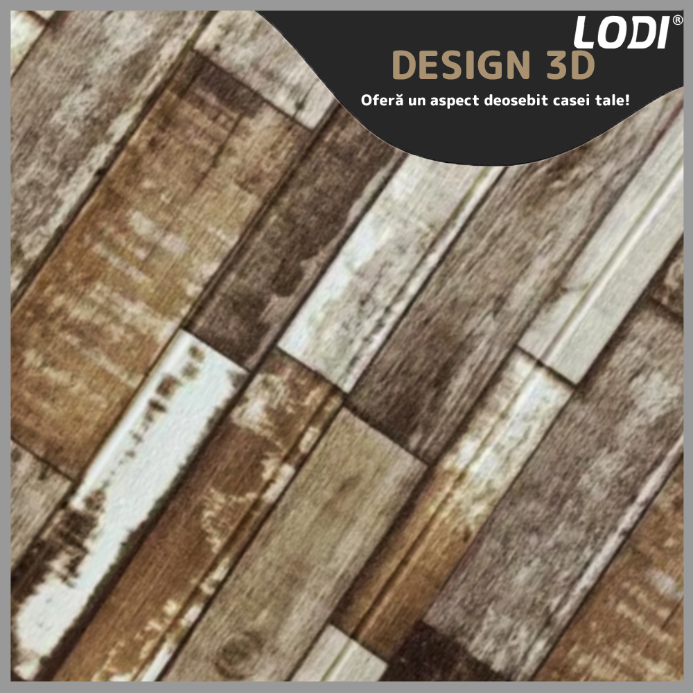 Set Tapet Panou 3D Lodi133, Model Lemn, suprafata acoperire 4.9 mp, autoadeziv, waterproof, usor de montat, design modern, 70x70 cm, maro