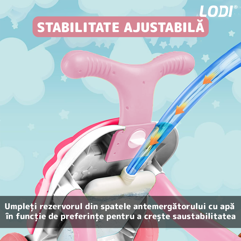 Antemergator Multifunctional 2in1 Lodi645, centru de activitati si joaca, telecomanda detasabila cu 15 melodii, masuta educativa cu 4 picioruse incluse, panou pentru invatarea numerelor si formelor, lumini si sunete, roz