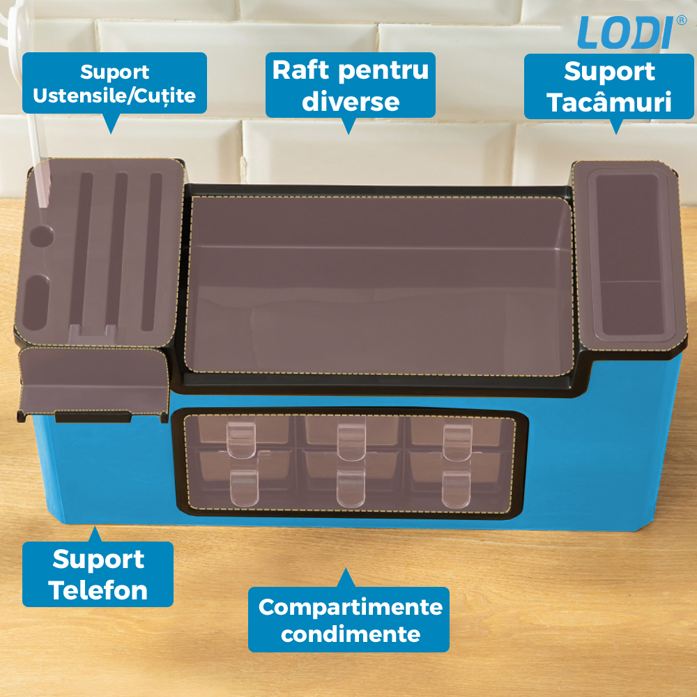Organizator Multifunctional pentru Bucatarie Lodi602, 6 Compartimente, raft condimente, suport detasabil telefon, tavita de scurgere, suport tacamuri/ustensile, albastru