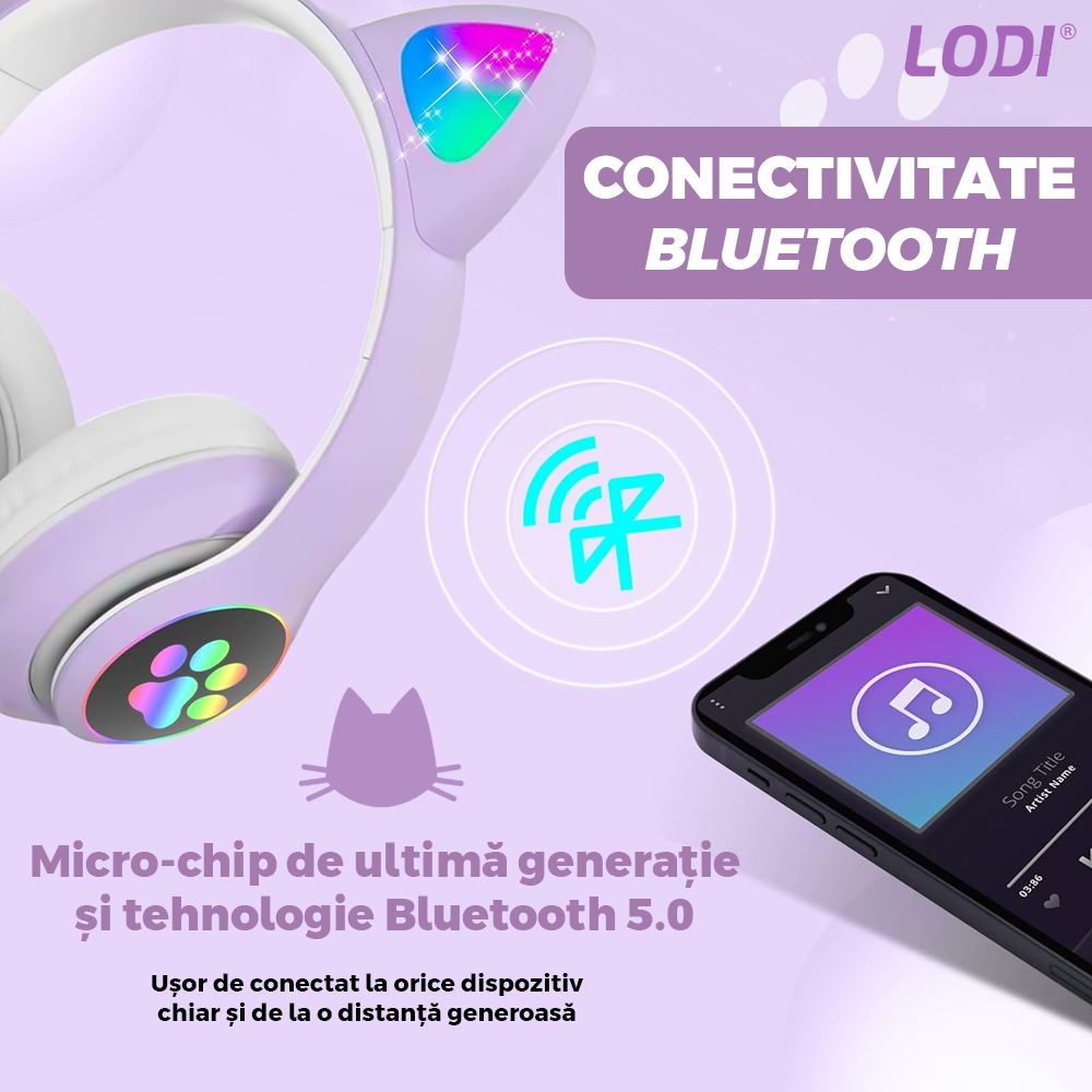 Casti Wireless Model Pisica Lodi947, STN-28, overear, urechi de pisica cu iluminare RGB, bluetooth 5.0, handsfree, HiFi, bass stereo, lila