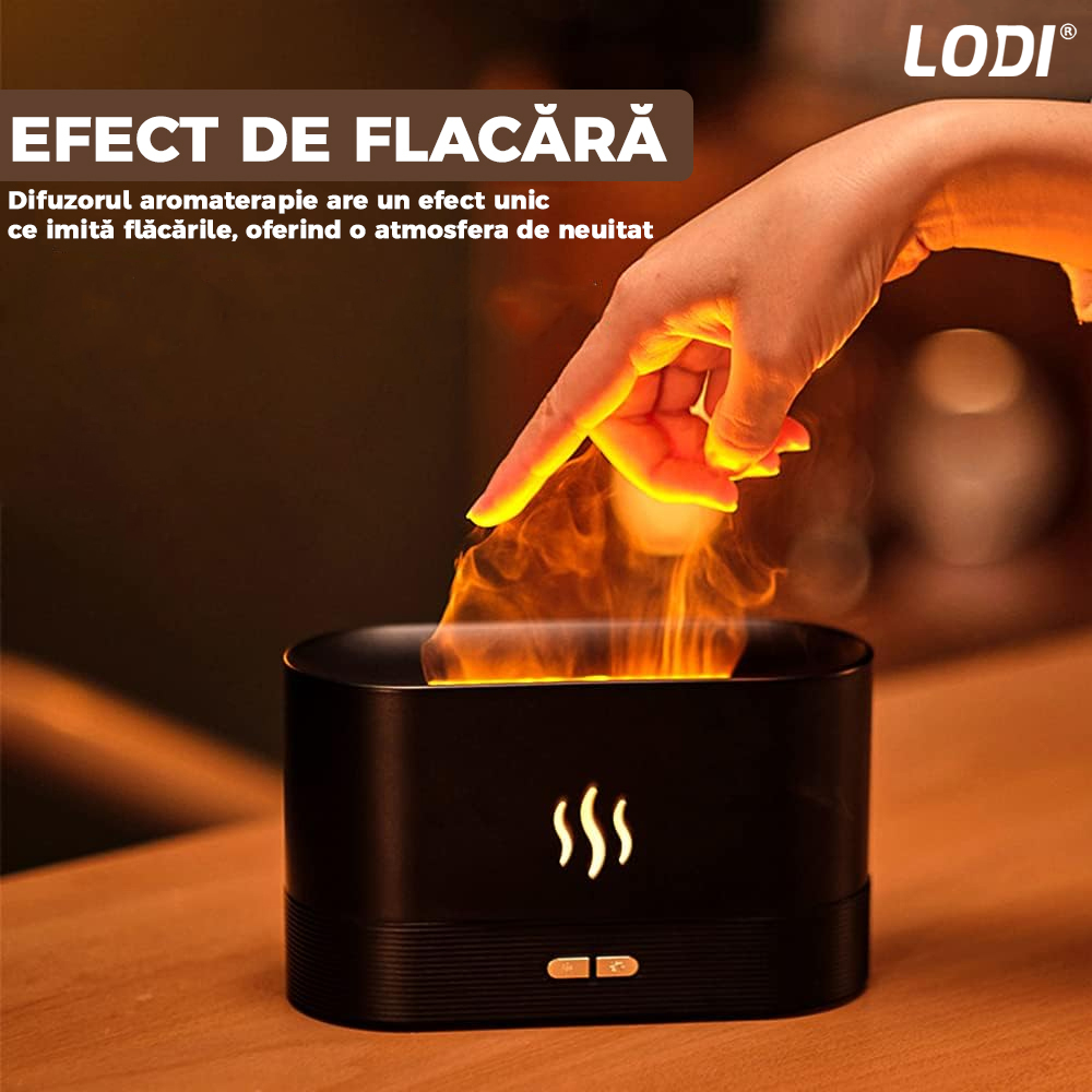 Difuzor Aromaterapie Lodi218, Efect Flacara, 2 trepte de luminozitate, oprire automata, capacitate 180ml, silentios, umidifica aerul, negru