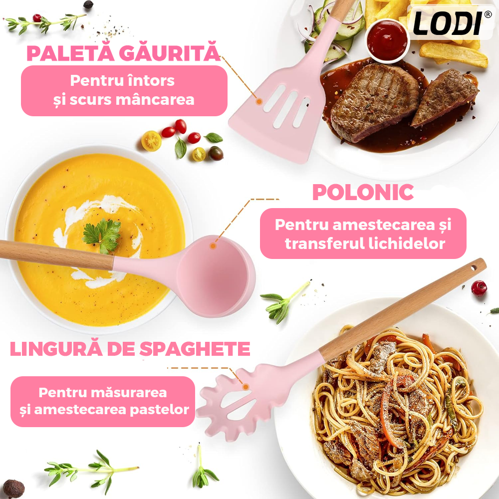 Set Ustensile Bucatarie 12 Piese Silicon Alimentar Lodi1496, termorezistente, antiaderente, sigure, suport inox, roz