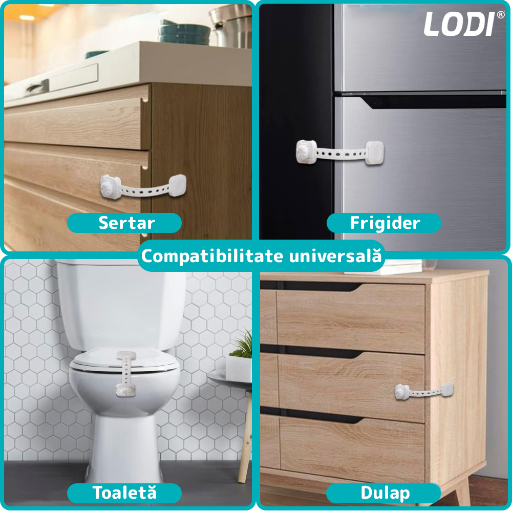 Set 6 x Siguranta Usi Copii Lodi31, sistem de inchidere dubla, blocare usi/sertare/duapuri, ajustabile pe lungime, adeziv puternic, anti-deschidere accidentala, alb