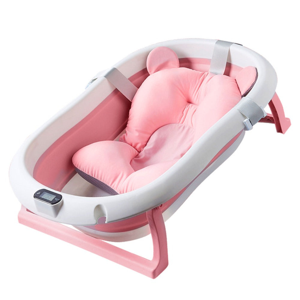 Cadita cu Pernuta pentru Bebelusi Lodi527, termometru digital incorporat, pliabila, dop de scurgere, picioare anti-alunecare, design ergonomic, 75 x 45 x 22 cm, roz