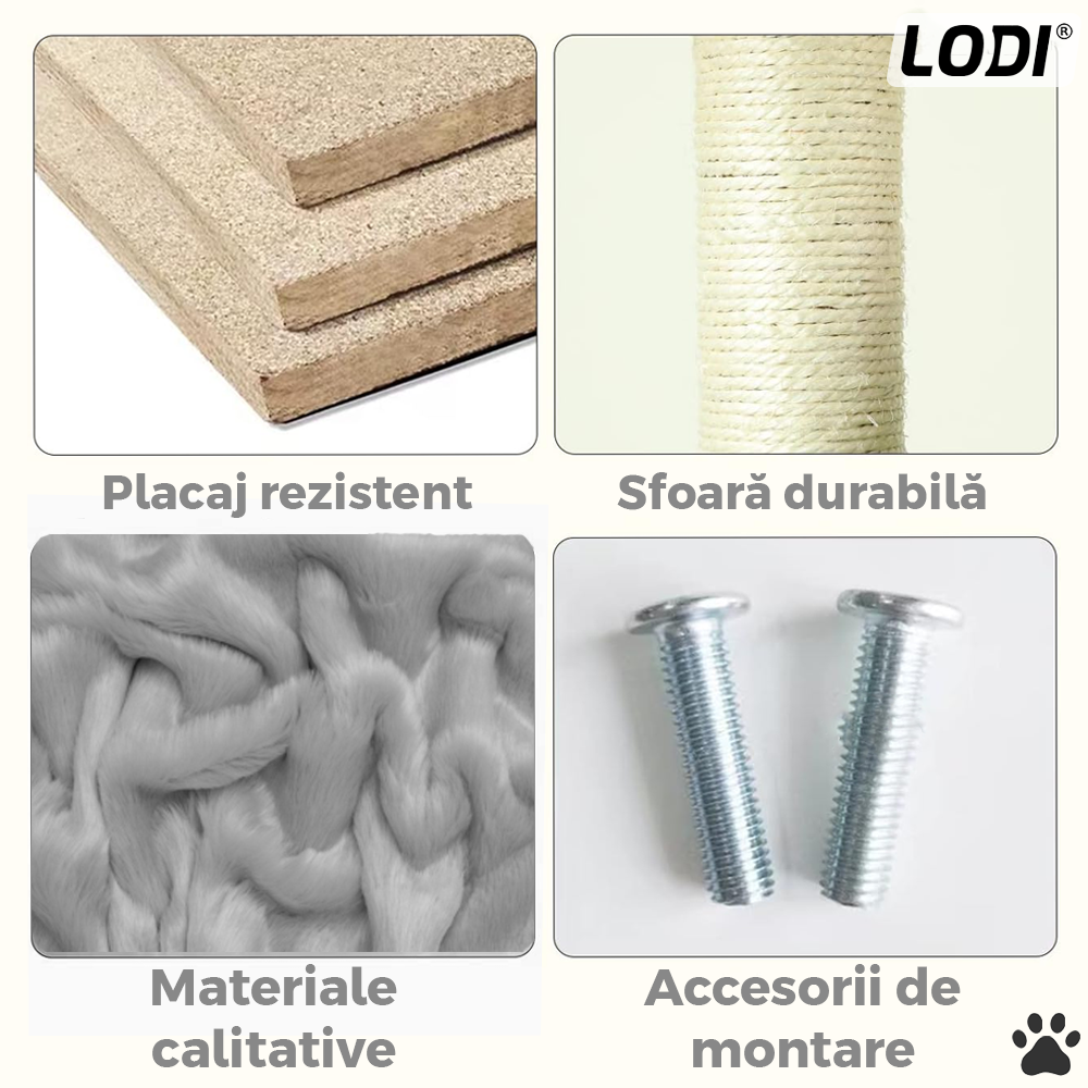 Ansamblu de Joaca pentru Pisici Lodi820, tip turn, 1 platforma de observatie, 4 niveluri, 1 casuta, scara, franghie si mingiute de joaca, stalpi pentru zgariat, captuseala extra moale, structura stabila, 118 cm, gri deschis