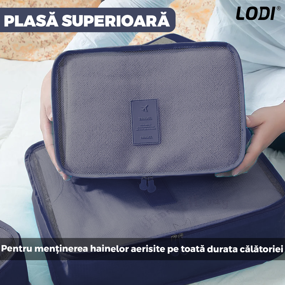 Set 6 Organizatoare Lodi671, pentru calatorie, diferite marimi, bagaj de voiaj, valiza, troler, genti, haine, accesorii, inchidere cu fermoar dublu, plasa, albastru inchis