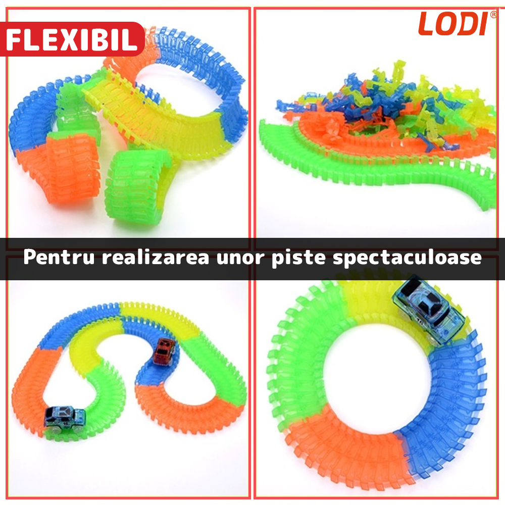 Circuit Masinute Lodi517, 56 piese, pista iluminata configurabila, fosforescenta, masinuta cu lumini rosie, multicolor