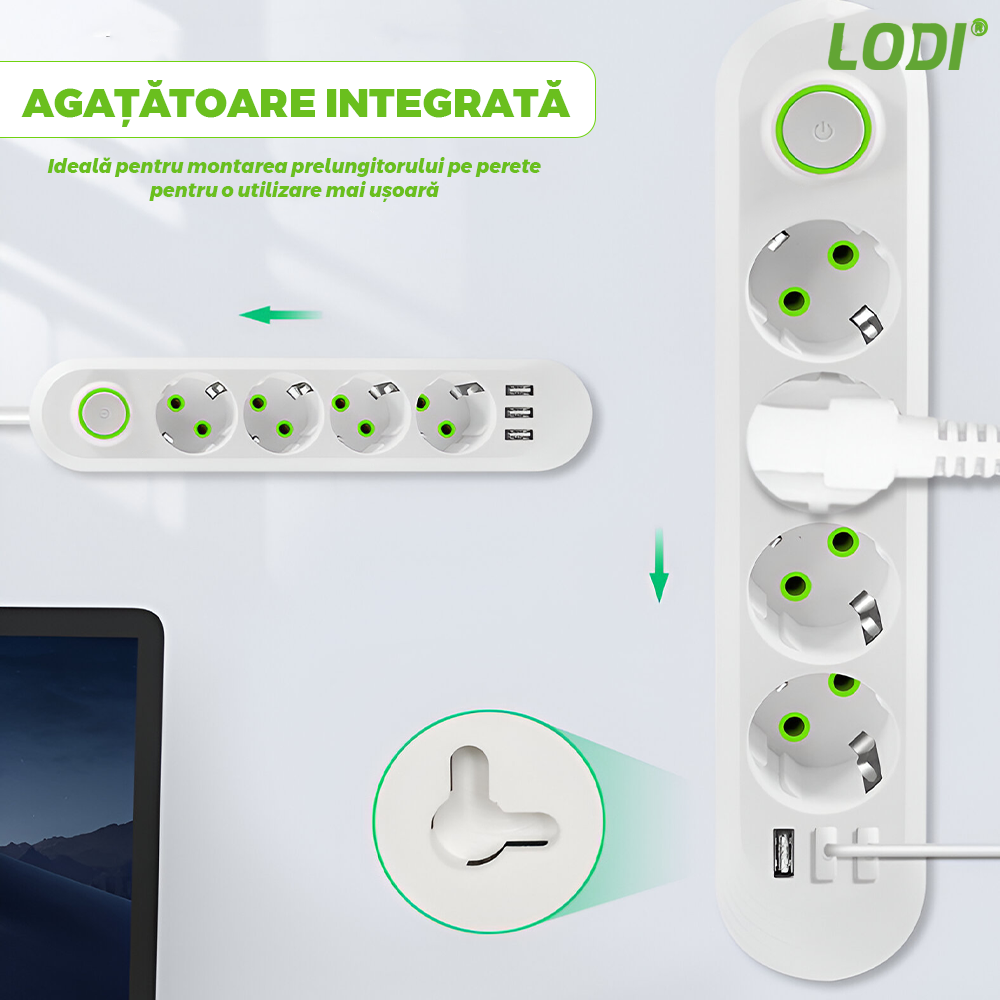 Prelungitor Lodi1278, 5 prize, 3 porturi USB, intrerupator, suport de agatare incorporat, rezistent la temperaturi inalte, universal, lungime 3 metri, alb