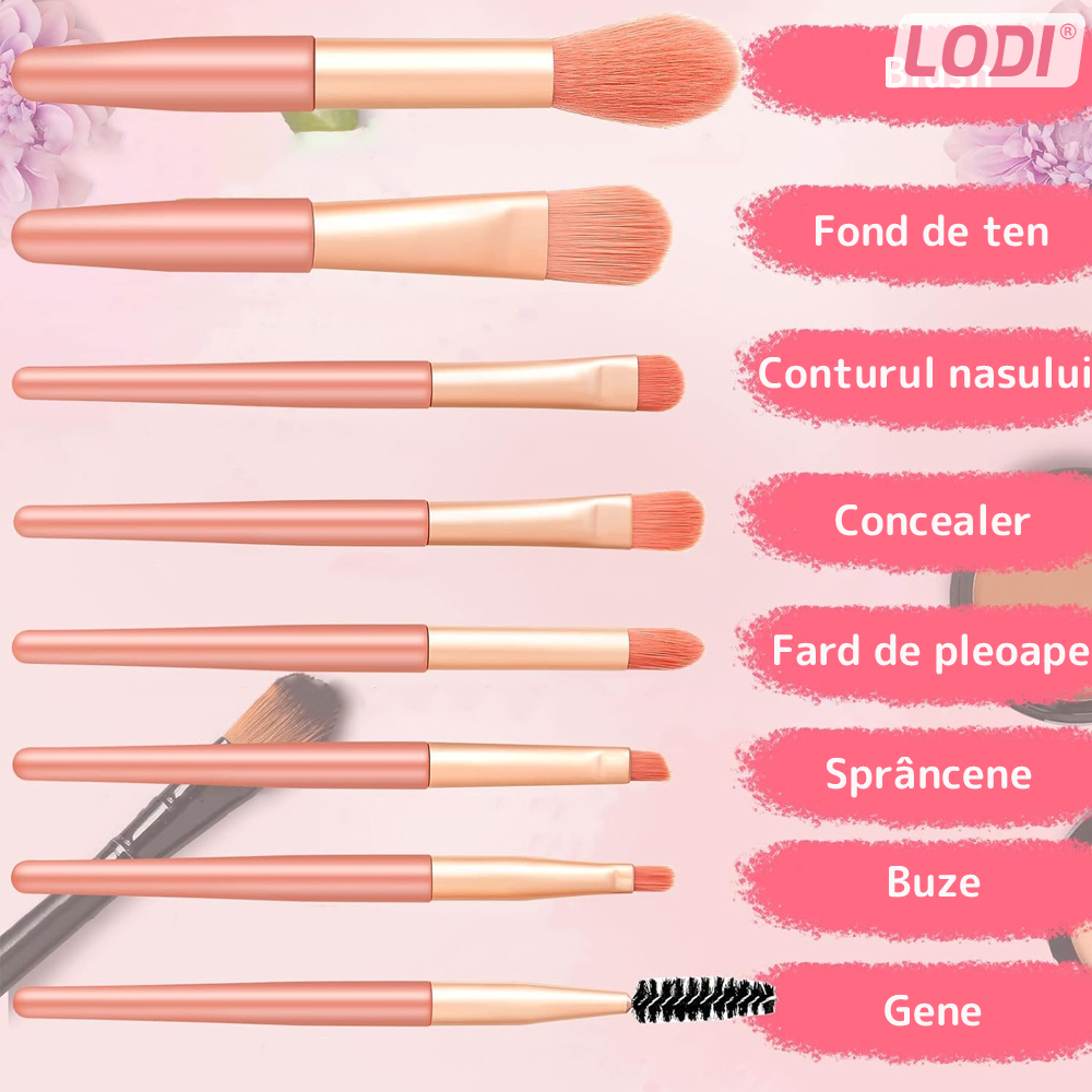 Set 8 Mini Pensule pentru Machiaj Lodi311, machiaj profesional/incepatori, portabile, roz