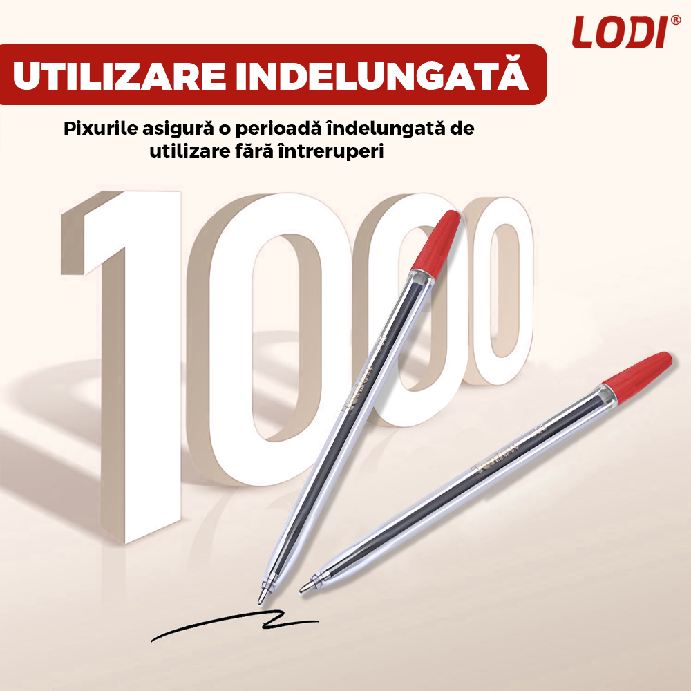 Set 50 de Pixuri Lodi1510, tip ballpoint, material rezistent, durabile, rezistente in timp, cap 0.7 mm, scriere neteda cu uscare rapida, cu capac, corp de plastic, rosu