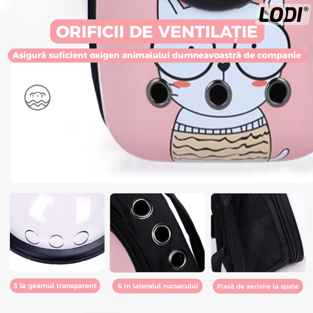 Rucsac Transport Animale Lodi22, greutate Max 7kg, hublou transparent, buzunar lateral, accesorii incluse, pentru talie mica, model Pisica, roz