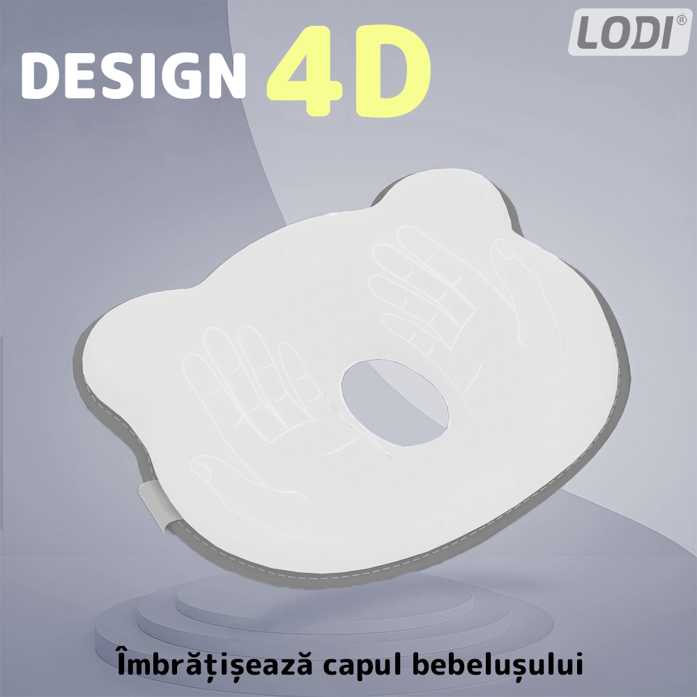 Perna pentru Bebelusi Lodi993, model ursulet, husa de protectie inclusa, spuma cu memorie, anti-plagiocefalie, pentru formarea capului, 26x22 cm, alb