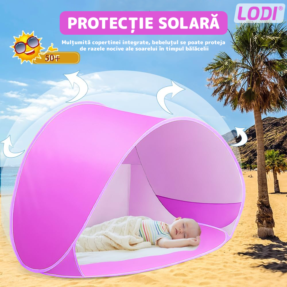 Cort Portabil de Vara pentru Bebelusi Lodi1098, adapost impermeabil pentru plaja, cu piscina, protectie UV si UPF 50+, multifunctional, 117x79x70 cm, roz