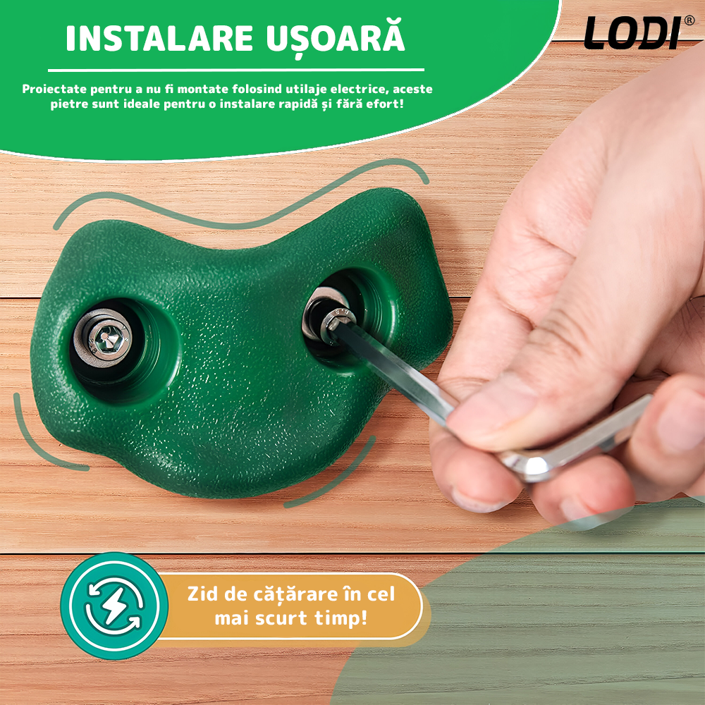 Set 10 Pietre pentru Catarat Lodi1266, pentru perete, materiale calitative, sigure, anti-alunecare, margini rotunjite, interior/exterior, sistem de prindere inclus cu imbus M8x55, multicolore