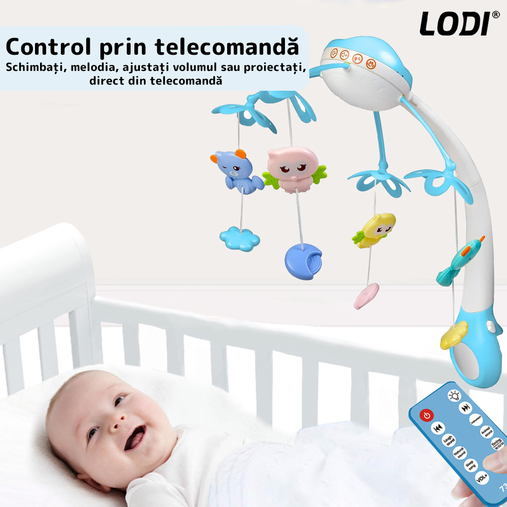 Carusel Muzical pentru Patut Lodi525, Bebe, control prin telecomanda, proiector, muzica si lumini, jucarii detasabile, albastru deschis