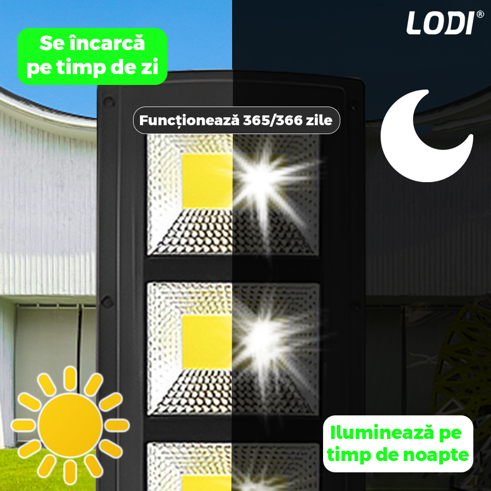 Lampa Solara Stradala 3 LED-uri Lodi882, control prin telecomanda, senzor de miscare, 3 moduri de iluminare, protectie IP65, Waterproof, exterior, negru