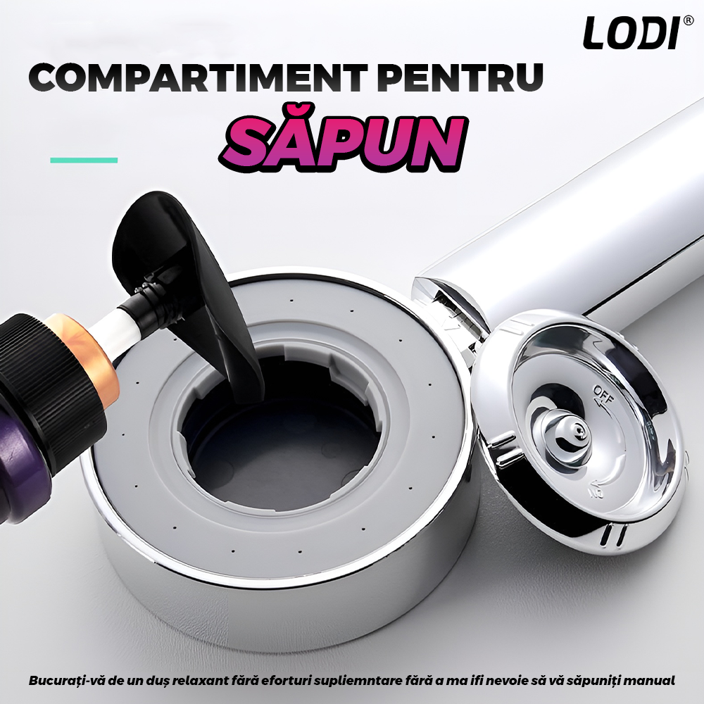 Para de Dus Dubla Lodi1507, recipient de sapun incorporat, 2 moduri de utilizare, mod presiune ridicata, mod spa, usor de utilizat, operare fara butoane, gri