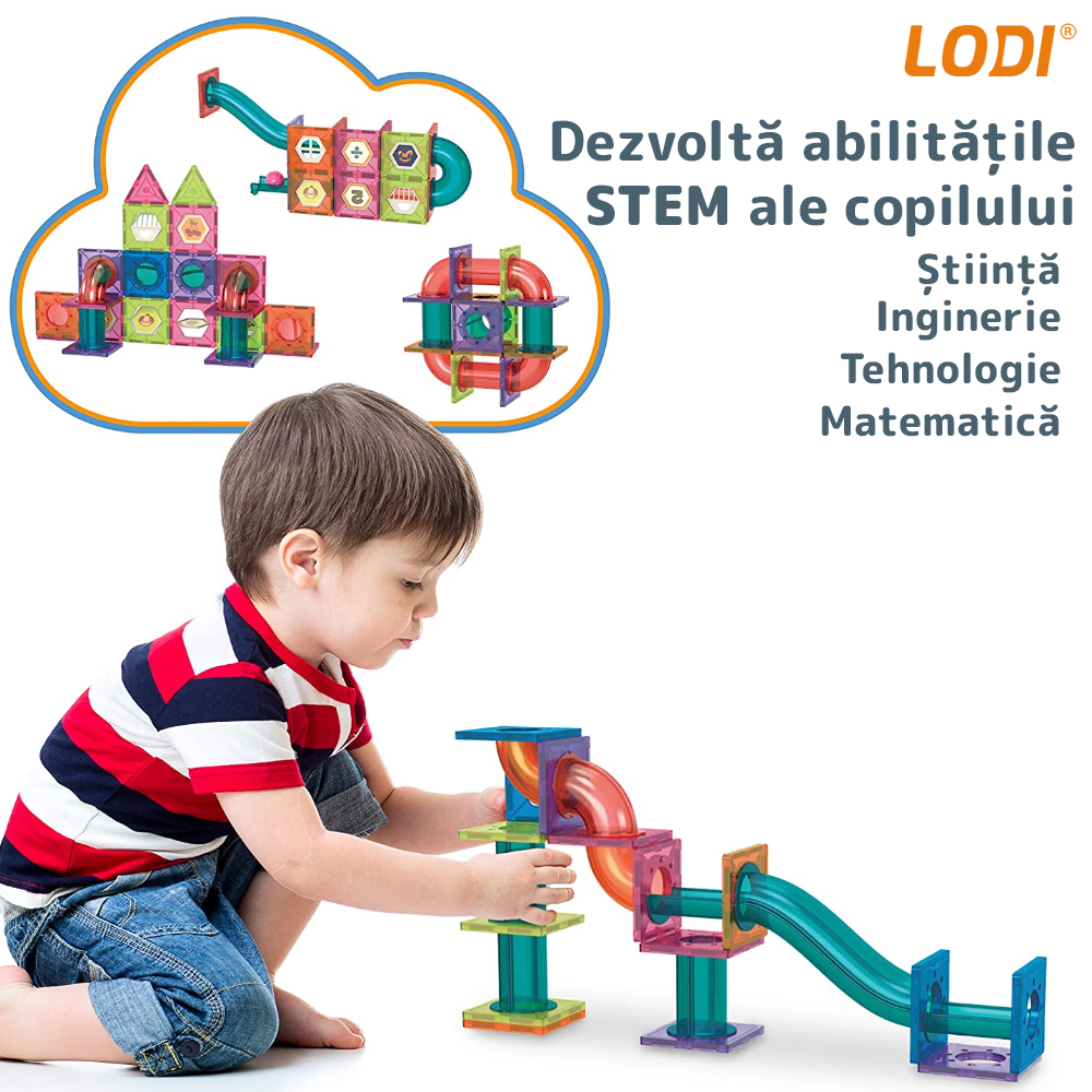 Set Inteligent si Creativ Magnetic 3D Lodi114, 78 Piese, traseu cu bile, creativ, numeroase posibilitati de construit, dezvoltarea abilitatilor motrice si a imaginatiei, multicolor