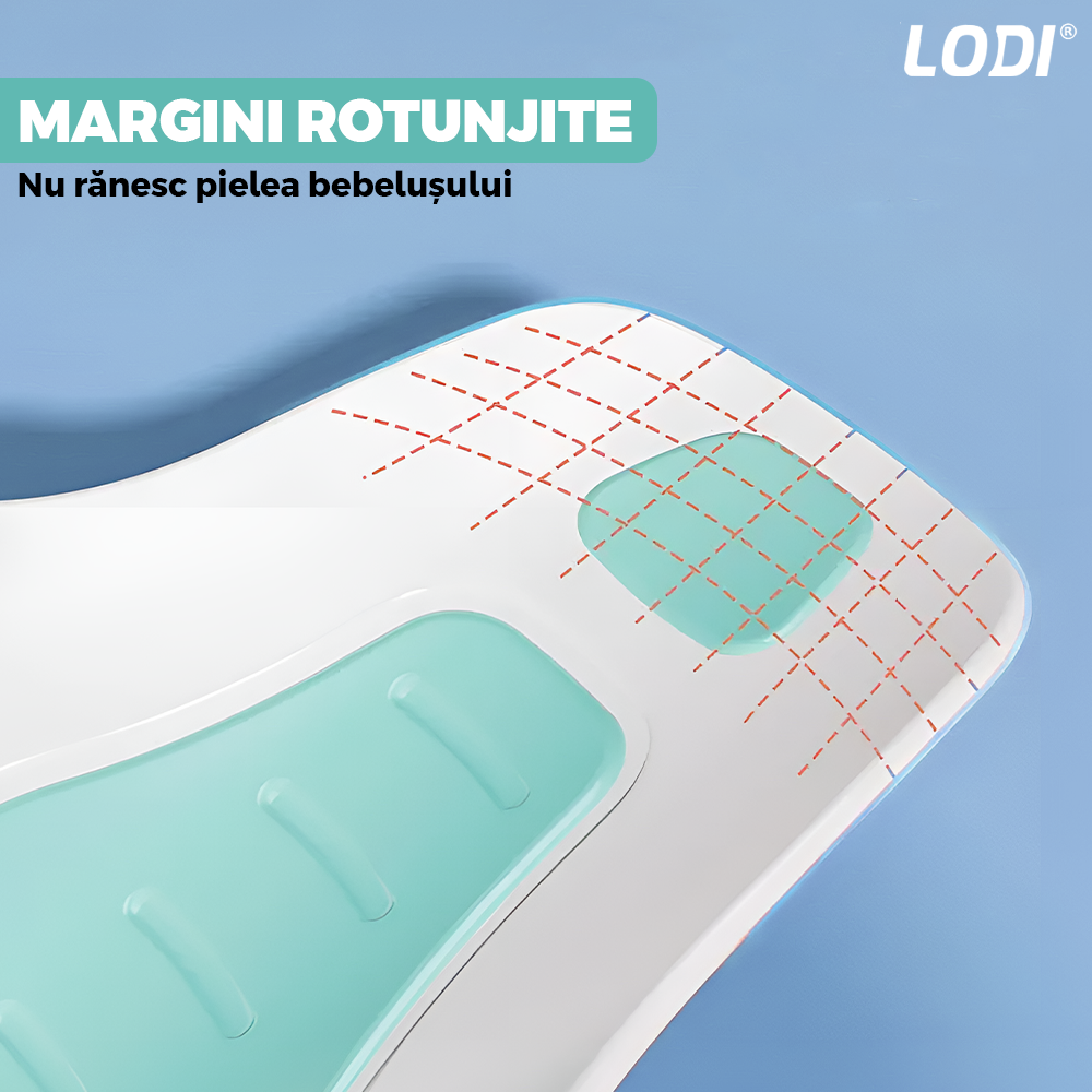 Scaun Portabil de Baie Lodi980, nou-nascuti si bebelusi, cu suport montabil tip ventuza pe chiuveta, lavoar sau cada, antiderapant, colturi rotunjite, turcoaz