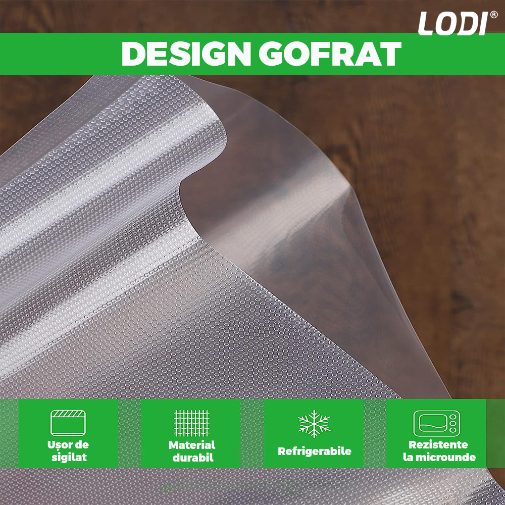 Set de Role Folii pentru Vidat Universale Lodi, 5m x 17cm, compatibile cu orice aparat de vidat, gofrate, reutilizabile, rezistente la caldura, transparente