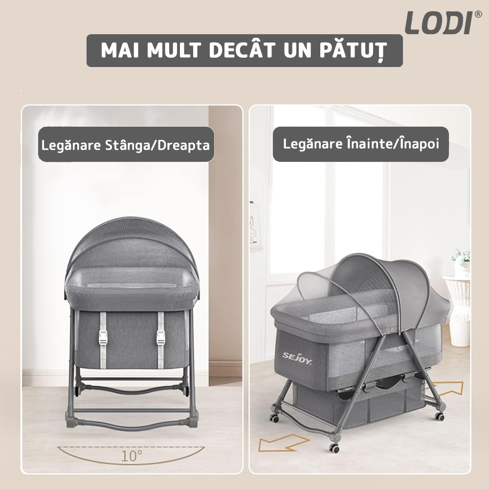 Patut Pliabil pentru Bebelusi Lodi1069, 3 trepte de inclinare, sistem de blocare, plasa anti-insecte, cos depozitare, gri