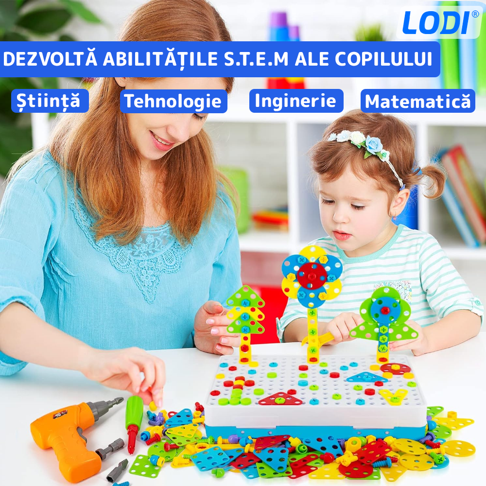 Jucarie Educativa si Interactiva 4in1 Lodi511, 151 piese, bormasina pentru inginerie, pentru fete si baieti, manual inclus, puzzle 3D/2D, dezvoltare STEM, montessori, multicolor