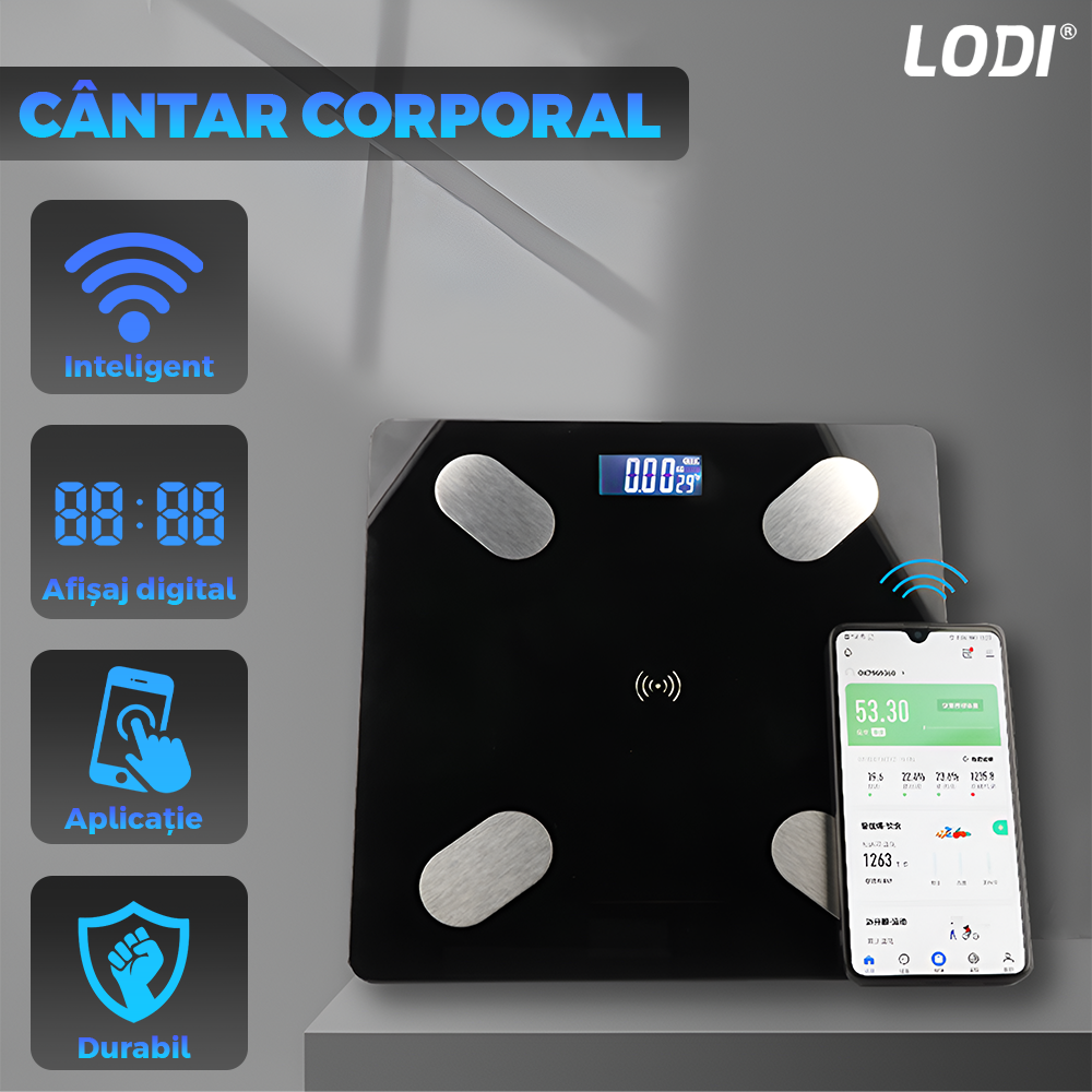 Cantar Electronic Inteligent Lodi1258, pentru baie, corporal, aplicatie smart, indicator greutate/baterie/temperatura, conectare bluetooth, afisaj digital, greutate maxima suportata 180 kg, baterii incluse, negru