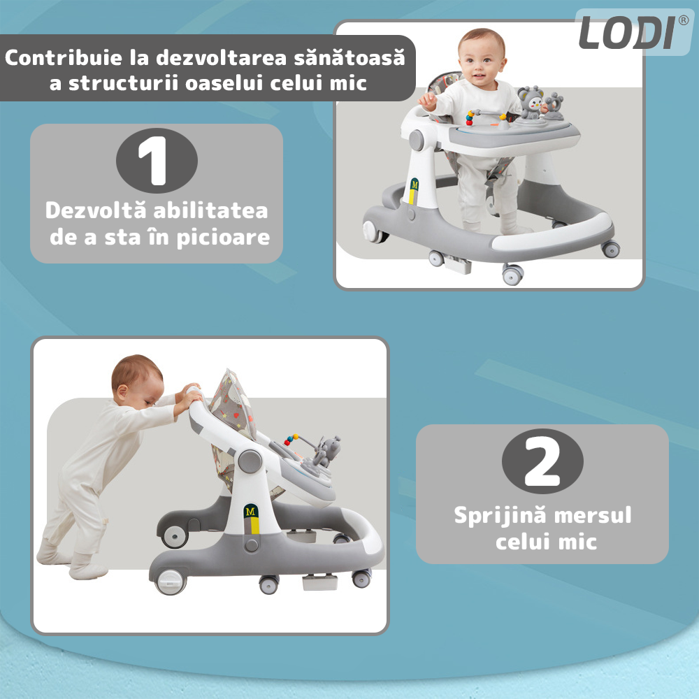 Premergator Multifunctional pentru Bebelusi Lodi637, tava cu 3 jucarii, muzica, reglabil, pliabil, greutate max 20kg, 6-36 luni, gri deschis
