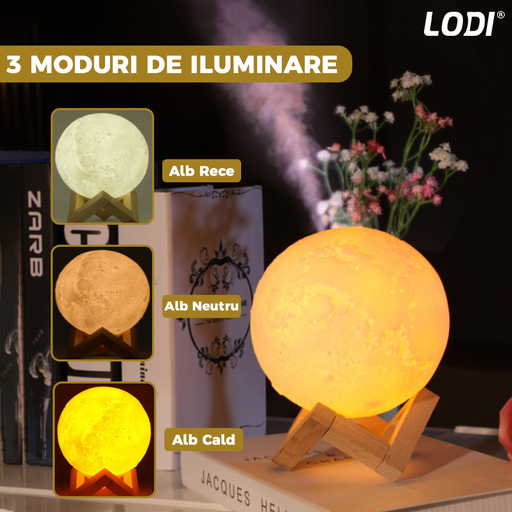 Difuzor Aromaterapie 2in1 Lodi229, 3 moduri de iluminare, capacitate 1500ml, lampa de veghe, silentios, alimentare USB, model luna, umidifica aerul, alb