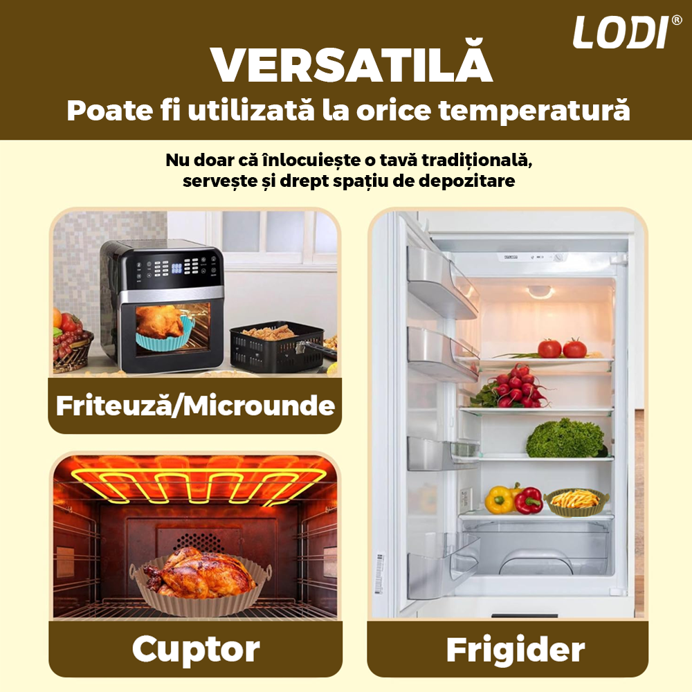 Tava de Copt Rotunda Lodi1310, pentru friteuza/cuptor/microunde, antiaderenta, rezistenta la temperaturi inalte, 21 x 17 cm, maro