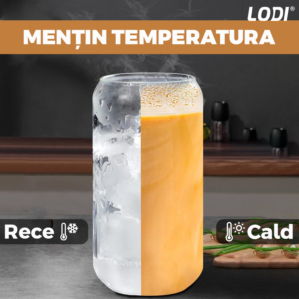 Set 4 Pahare de Sticla cu Capac si Pai Lodi1005, sticla borosilicata, perie pentru curatare inclusa, capac din bambus, design modern, termorezistente, capacitate 500 ml, 15 cm