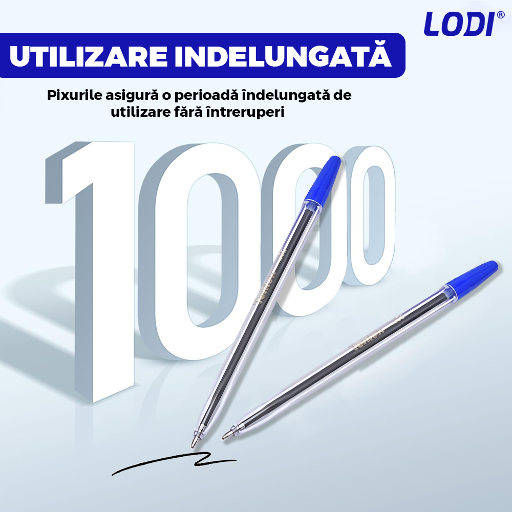 Set 50 de Pixuri Lodi1508, tip ballpoint, material rezistent, durabile, rezistente in timp, cap 0.7 mm, scriere neteda cu uscare rapida, cu capac, corp de plastic, albastru