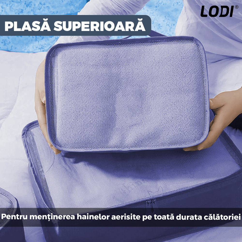 Set 8 Organizatoare Lodi672, pentru calatorie, diferite marimi, 3 genti cu plasa, 1 geanta pentru lenjerie, geanta pentru cosmetice, sac pentru hainele murdare, inchidere cu fermoar dublu, plasa, albastru inchis