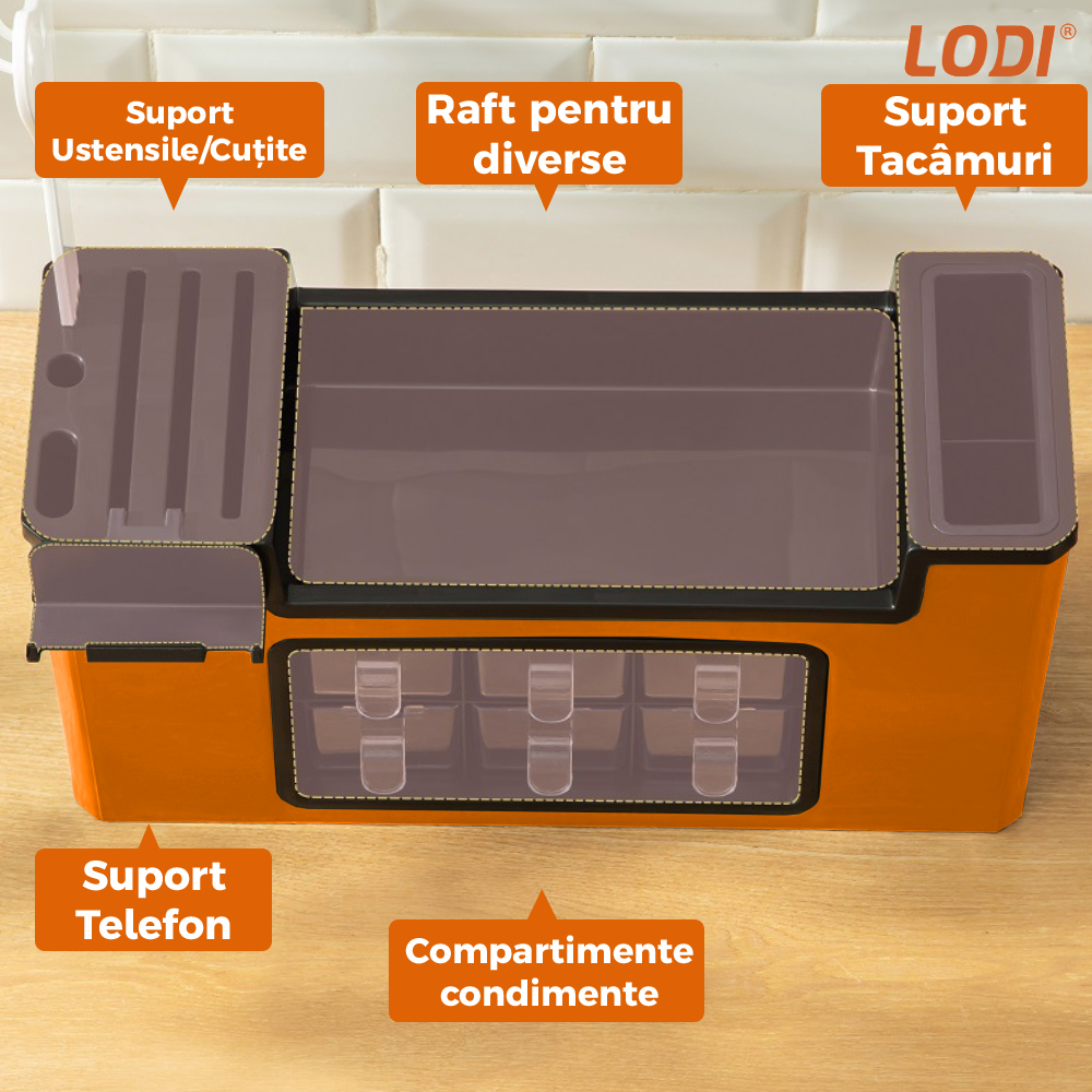 Organizator Multifunctional pentru Bucatarie Lodi601, 6 Compartimente, raft condimente, suport detasabil telefon, tavita de scurgere, suport tacamuri/ustensile, portocaliu