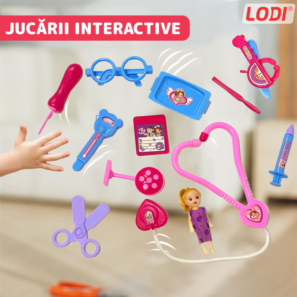 Set Trusa Medicala Asistenta Doctor Lodi481, joc de rol, 13 accesorii si cutie penntru depozitare, mini pacient, 37.5 x 21 cm, rosu