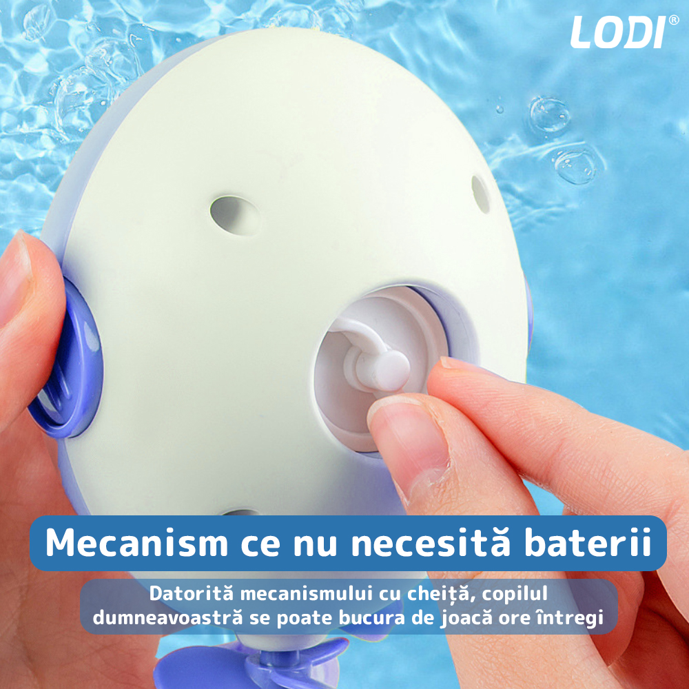 Jucarie de Baie pentru Copii Lodi126, Submarin Inotator, interactiv, fara baterii, mecanism cu cheita, 8x11x8.5cm, albastru