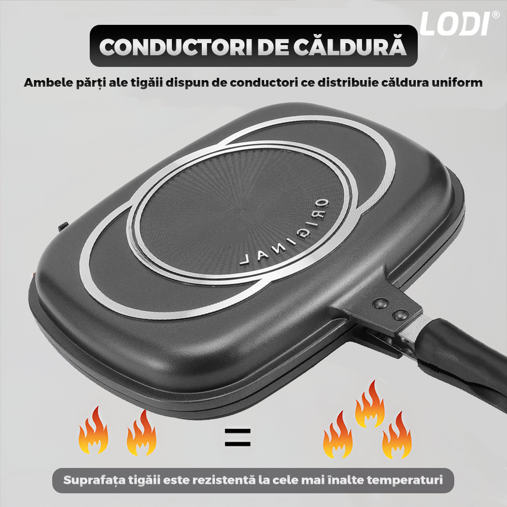 Tigaie Dubla cu Presiune Lodi1295, doua fete, pliabila, pluristratificata, invelis din ceramica, pentru griil sau gatit clasic, negru