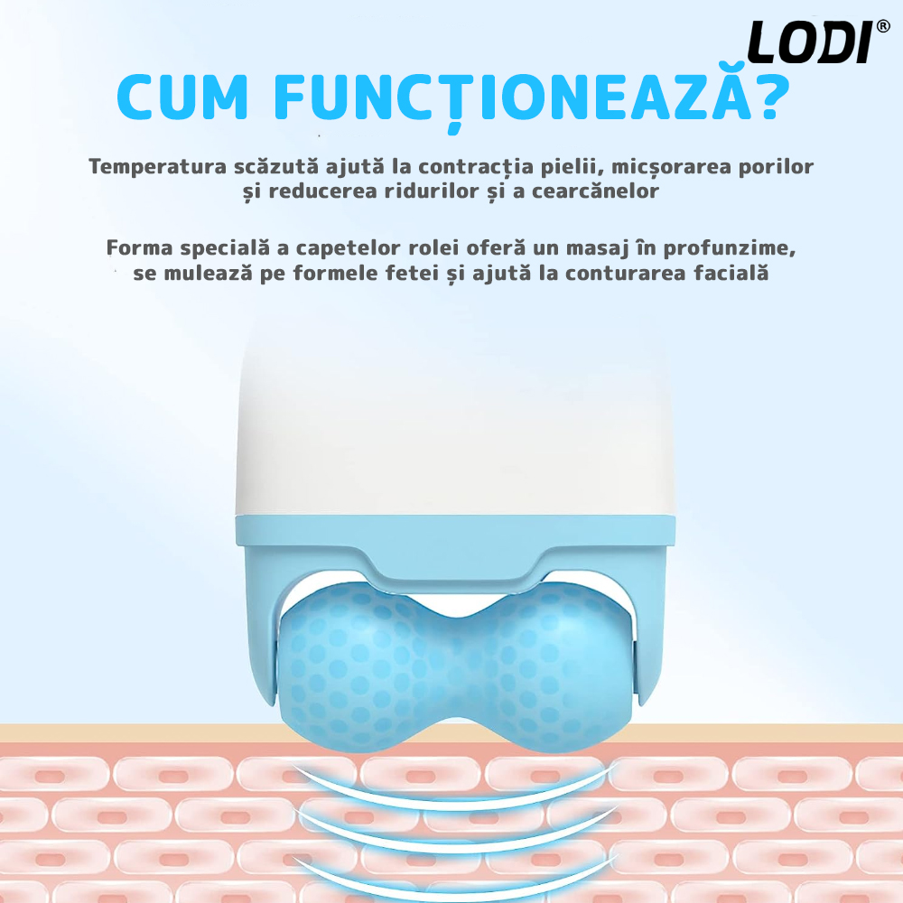 Rola de Masaj cu Gheata Lodi50, Ice Roller, 2 capete W si V, anti-aging, ingrijirea tenului, tonifiere, albastru/alb