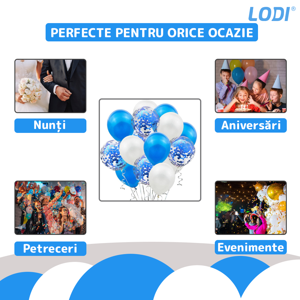 Set 15 Baloane Lodi259, Confeti, pentru Petreceri/Aniversari/Evenimente, o singura dimensiune, 3 culori, latex, albastru/alb/transparent