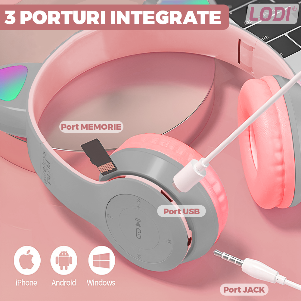 Casti Wireless Model Pisica Lodi953, P47M, overear, urechi de pisica cu iluminare RGB, bluetooth 5.0, handsfree, HiFi, bass stereo, gri/roz