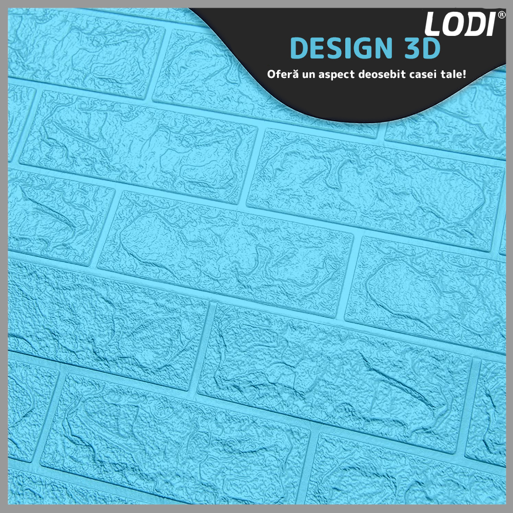 Set Tapet Caramida 3D Lodi52, suprafata acoperire 5.3 mp, autoadeziv, waterproof, usor de montat, design modern, 70x77 cm, albastru