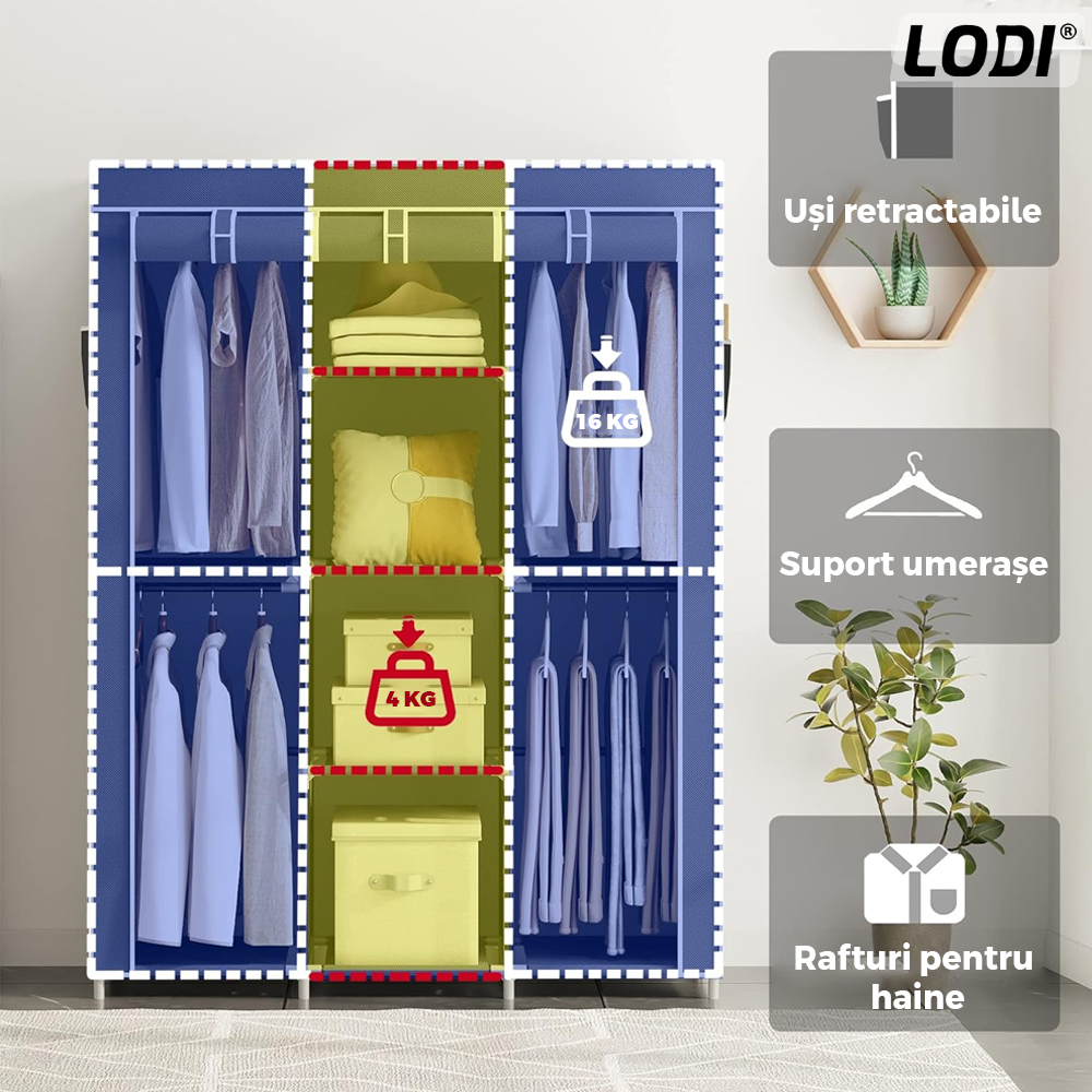Dulap din Material Textil pentru Haine si Incaltaminte Lodi423, impermeabil, 8 rafturi, inchidere fermoar, suport umerase, cadru otel, 170 cm, gri