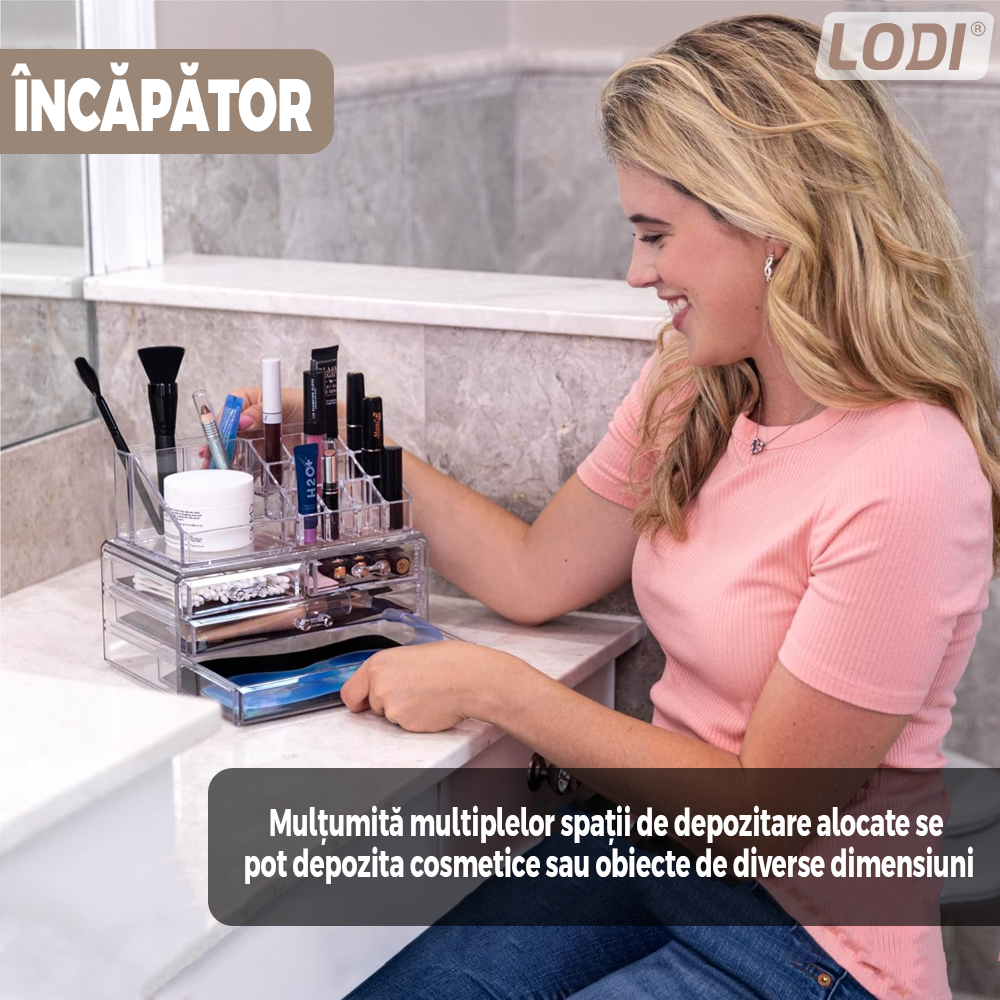 Organizator Cutie Depozitare pentru Produse Cosmetice Lodi473, bijuterii si alte obiecte, 6 sertare, piese detasabile, transparent, 24 x 19 cm