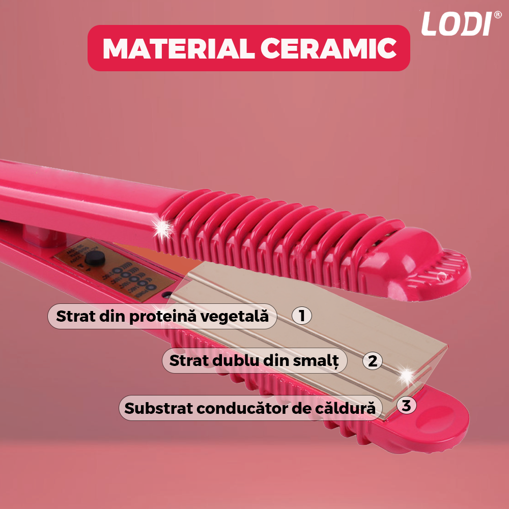 Placa profesionala de indreptat parul Lodi457, invelis ceramic, portabila, 4 trepte de temperatura, easy lock, par umed si uscat, 210°, roz