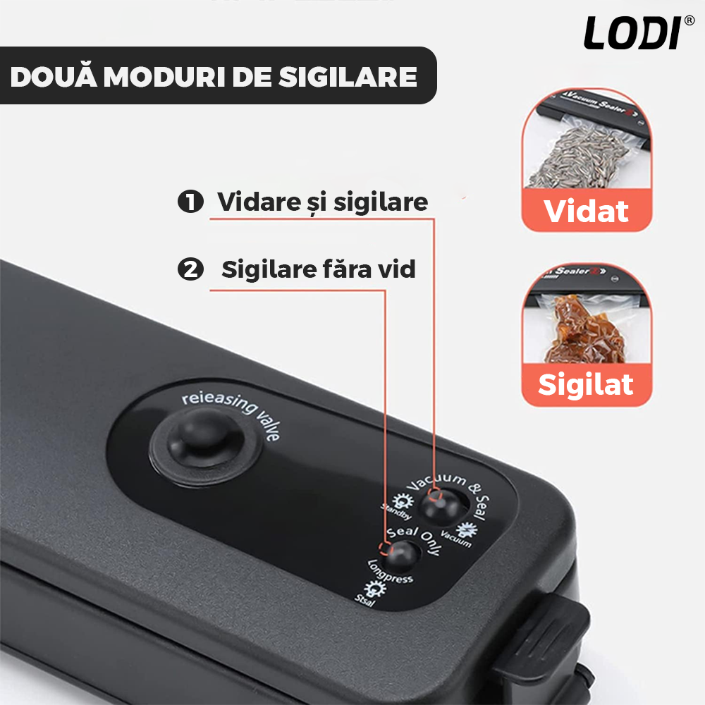 Aparat de Sigilat si Vidat Lodi1203, set 10 role de vidat gofrate 17 cm x 5 m incluse, alimente si obiecte, vidare umeda/uscata/soft, 90W, 220V, portabil, negru