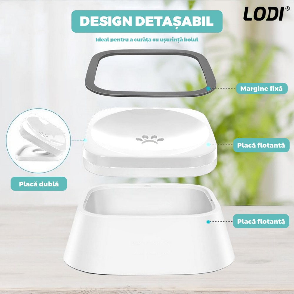 Bol Apa Anti-stropire Lodi1504, pentru caini si pisici, rama flotanta, sistem anti-alunecare, adapator, piese detasabile, capacitate 1.5 l, alb/gri
