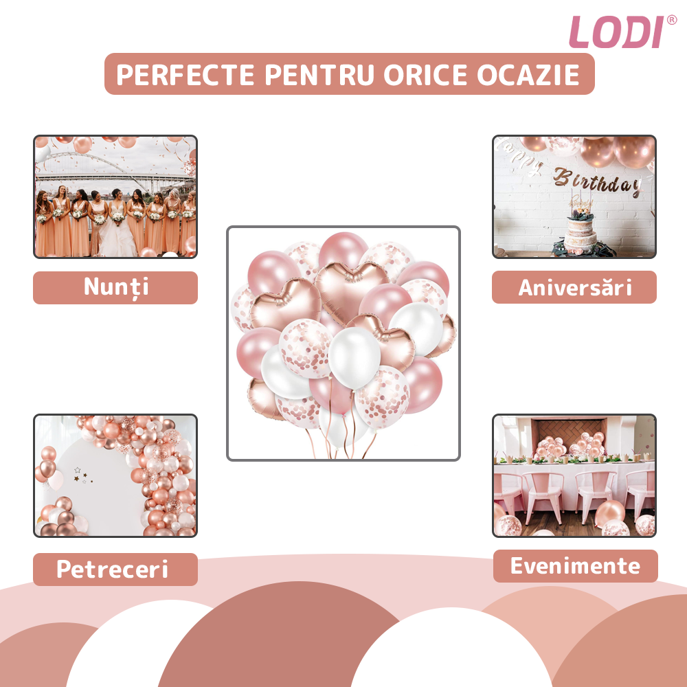 Set 48 Baloane Lodi728, Confeti, Inimioara, pentru Petreceri/Aniversari/Evenimente, o singura dimensiune, 2 culori, latex, rose gold