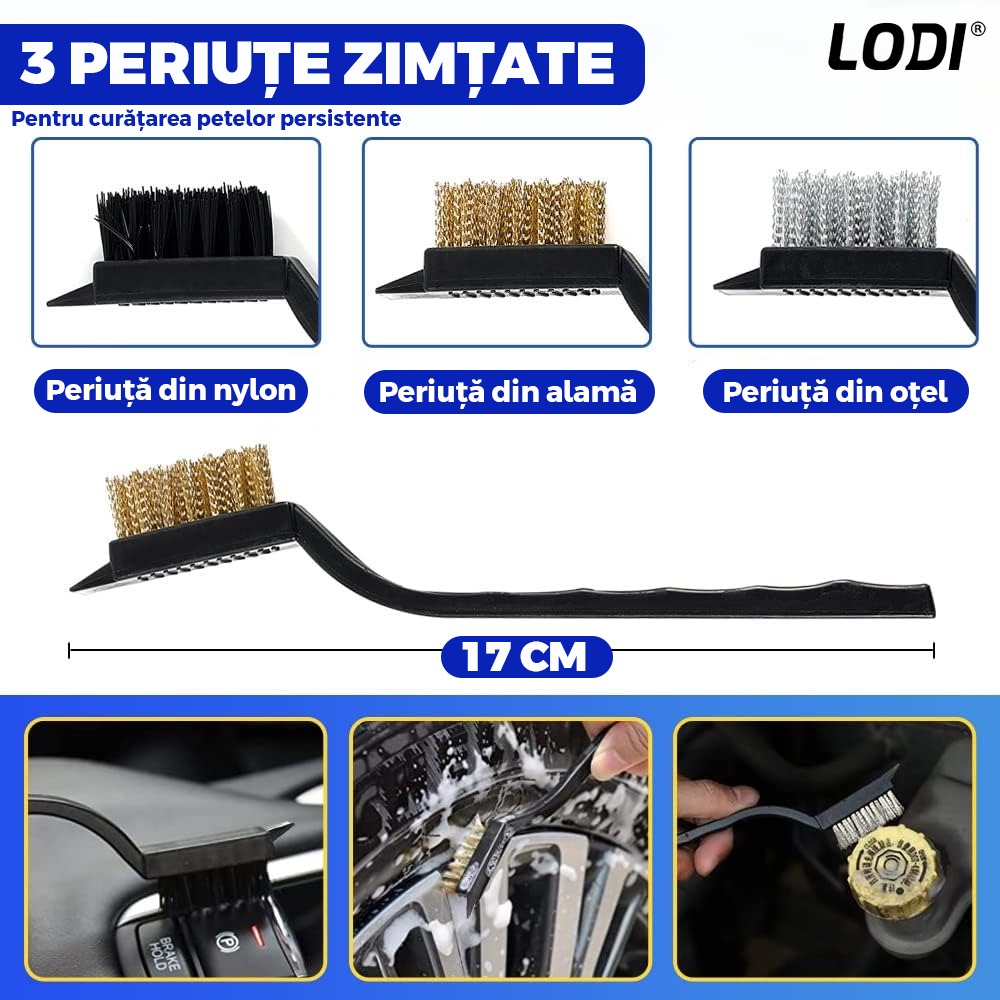 Set Premium 26 Piese Detailing Auto Lodi677, curatare masina Interior-exterior, 5 pensule detaliu, burete aplicator, laveta microfibra, perii aer conditionat, perii de zimtate, manusa microfibra fata-verso, albastru
