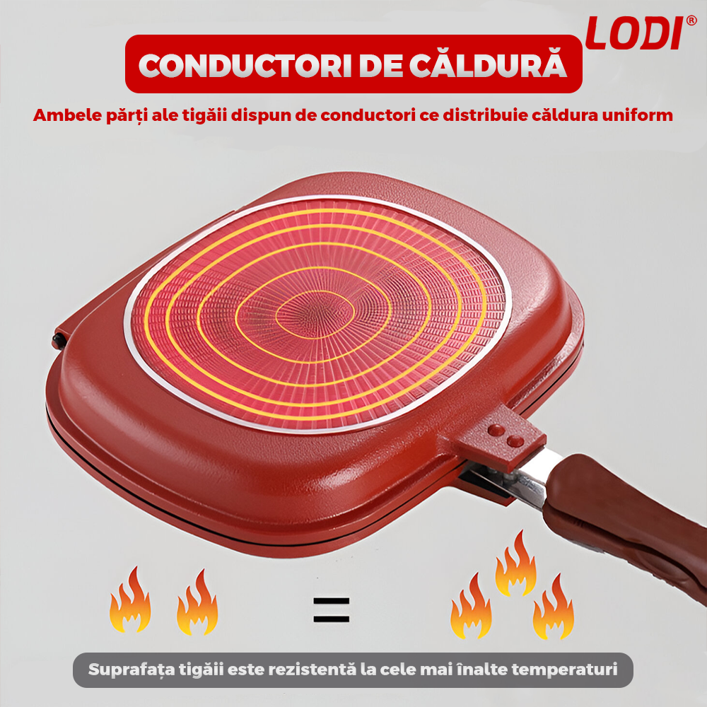 Tigaie Dubla cu Presiune Lodi1216, doua fete, pliabila, pluristratificata, invelis din ceramica, pentru griil sau gatit clasic, rosu/negru