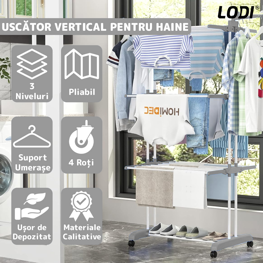 Uscator Vertical pentru Rufe si Haine Lodi1512, 3 niveluri, mobil, pliabil, pentru spatii mici, suport umerase, cadru rezistent, inaltime 175cm, gri